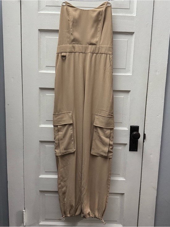 Pants - Skylar Rose Beige Strapless Cargo Jumpsuit Wide Leg Utility M